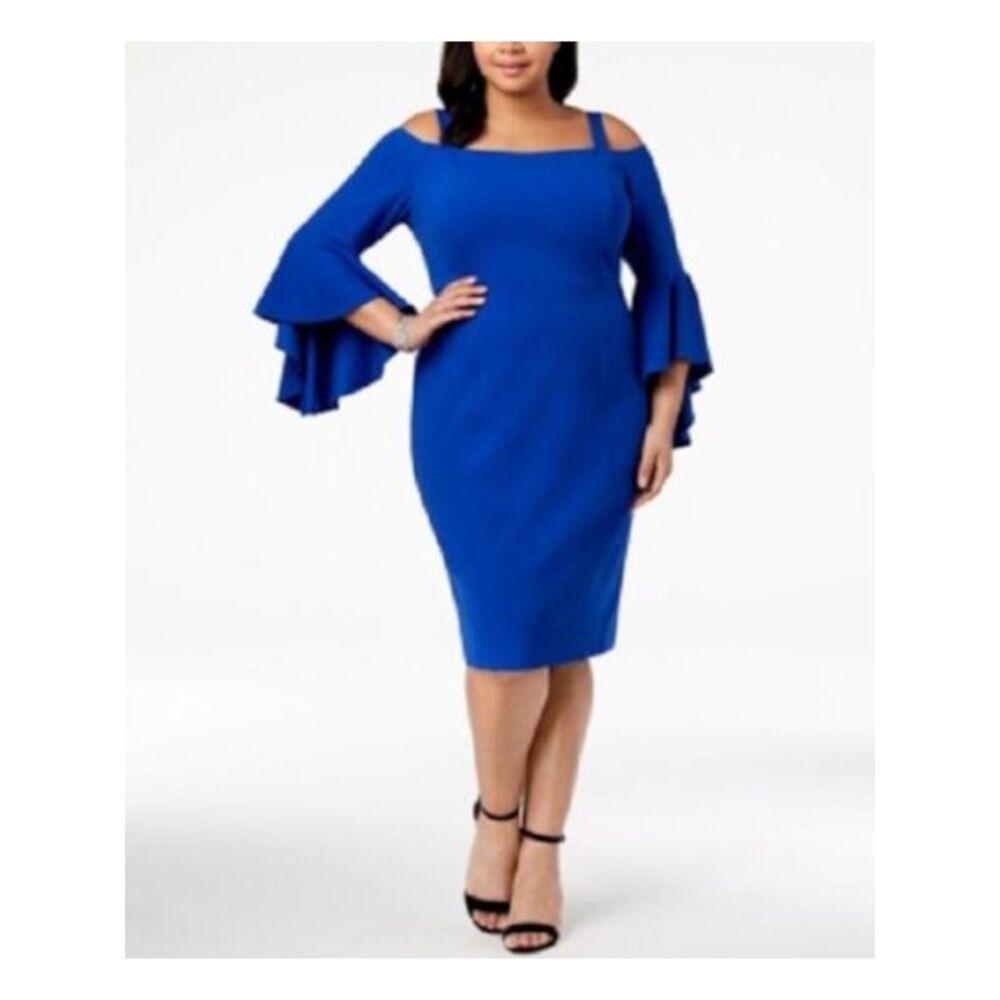 R&M RICHARDS Womens Blue Bell Sleeve Below The Knee Party Sheath Dress Plus 14W